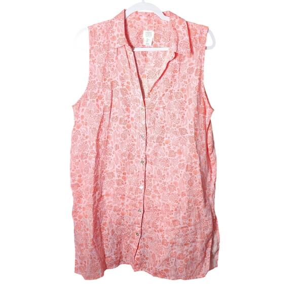 Sigrid Olsen L Orange Coral Starfish Shell Linen Button Up Sleeveless Tunic Top - Picture 1 of 6